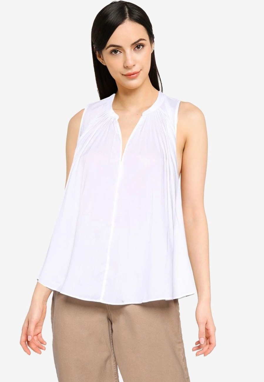 Women * | Banana Republic Split Neck Pleated Poplin Top